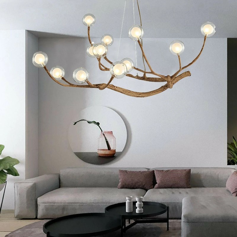 Damian Rustic Tree Branch Chandelier with Bubble Glass Lamp Shades