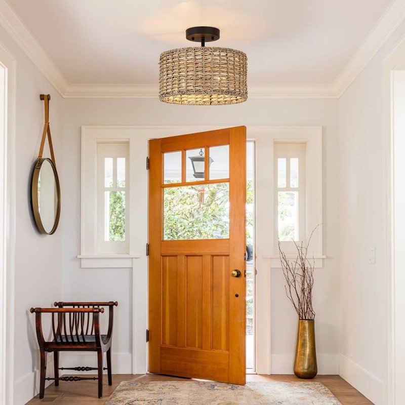 Lannister Coastal 2-Light Semi-Flush Mount Ceiling Light with Hand Woven Drum Shade for Bedroom