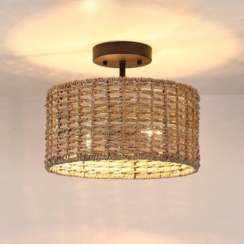 Lannister Coastal 2-Light Semi-Flush Mount Ceiling Light with Hand Woven Drum Shade for Bedroom