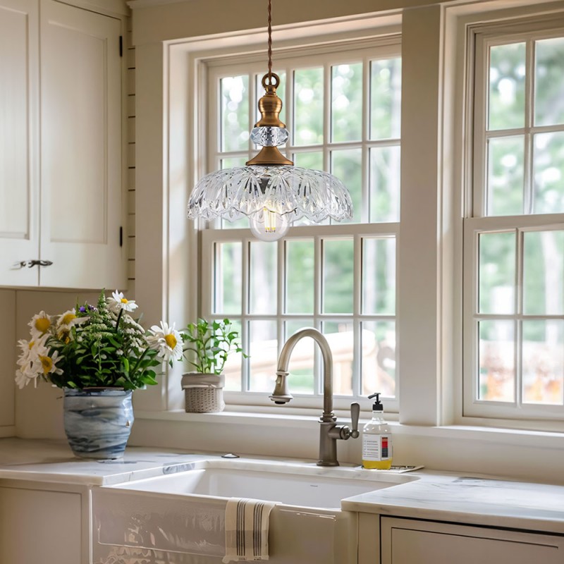 Jaime Antique Brass and Glass Flower Pendant Light