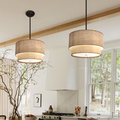 Javier Natural Linen Double Fabric Drum Pendant Light