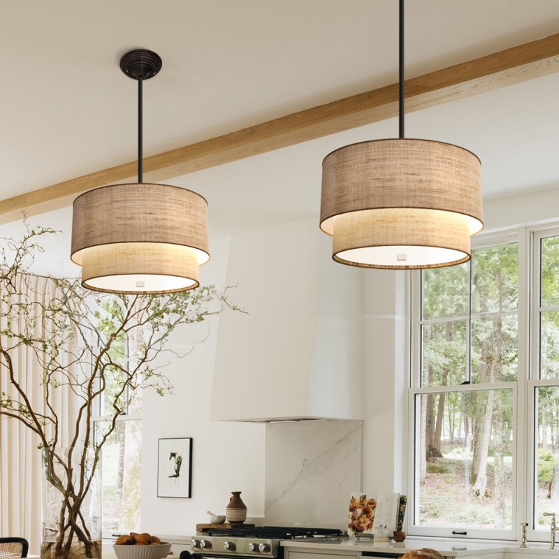 Javier Natural Linen Double Fabric Drum Pendant Light