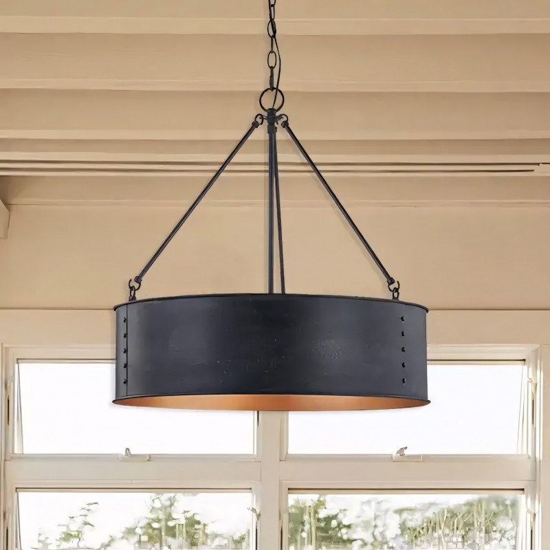 Quillan Industrial Large Black Drum Pendant Light For Dining Room