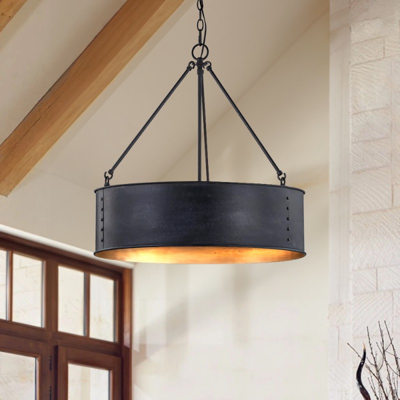 Quillan Industrial Large Black Drum Pendant Light For Dining Room