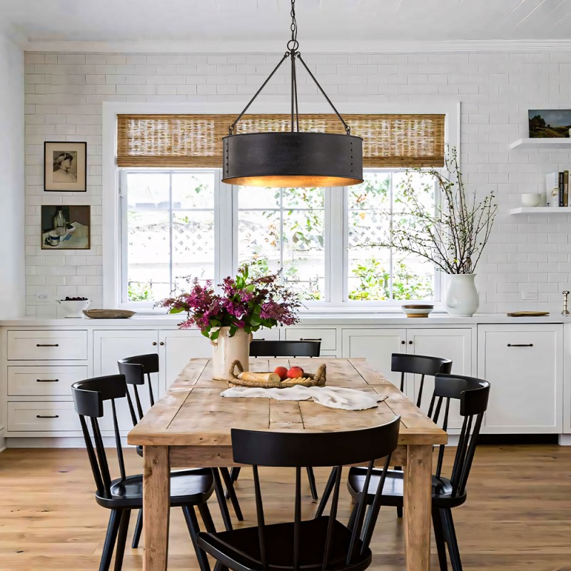 Quillan Industrial Large Black Drum Pendant Light For Dining Room