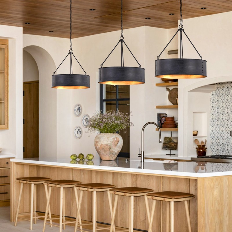Quillan Industrial Large Black Drum Pendant Light For Dining Room