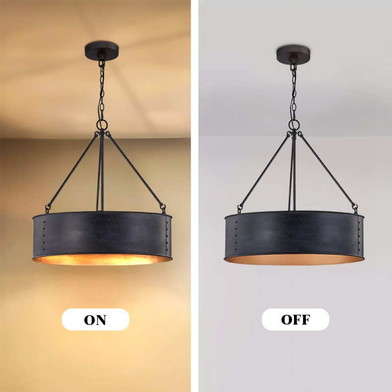 Quillan Industrial Large Black Drum Pendant Light For Dining Room