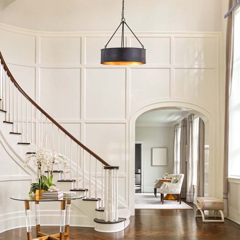 Quillan Industrial Large Black Drum Pendant Light For Dining Room