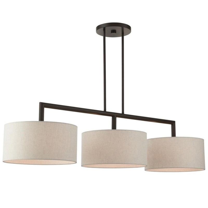 Glythar Black 3 Light White Fibric Drum Shades Linear Chandelier
