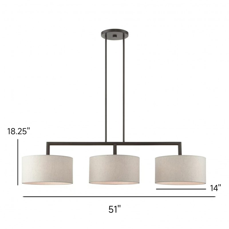 Glythar Black 3 Light White Fibric Drum Shades Linear Chandelier