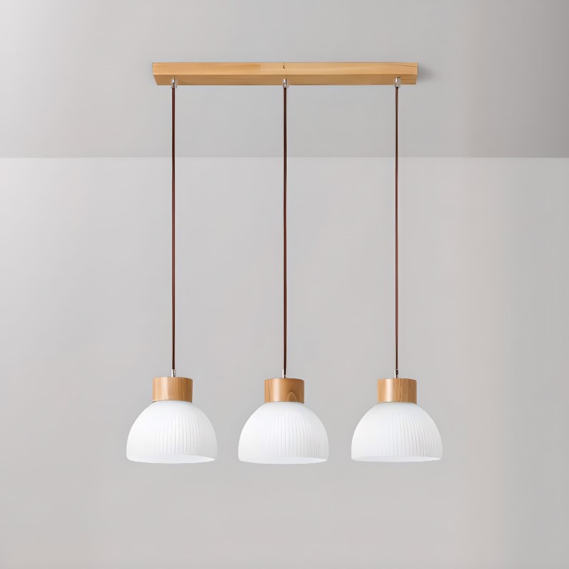 Tyrionth Wood Base 3 Light White Ribbed Glass Shade Pendant Light