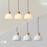 Tyrionth Wood Base 3 Light White Ribbed Glass Shade Pendant Light