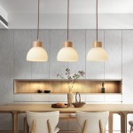 Tyrionth Wood Base 3 Light White Ribbed Glass Shade Pendant Light