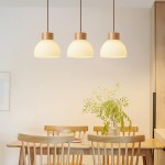 Tyrionth Wood Base 3 Light White Ribbed Glass Shade Pendant Light