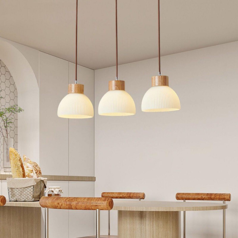 Tyrionth Wood Base 3 Light White Ribbed Glass Shade Pendant Light