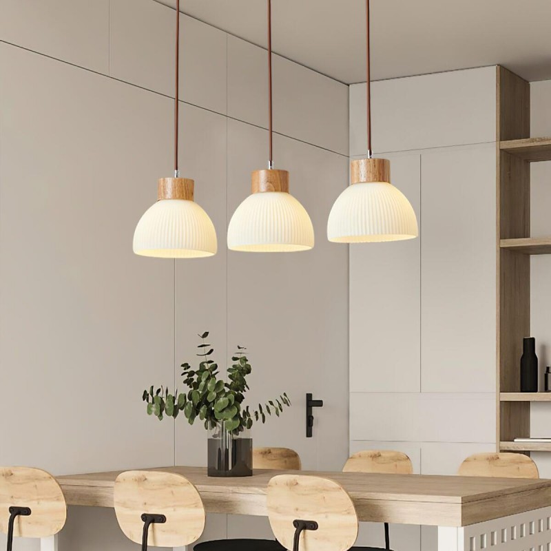 Tyrionth Wood Base 3 Light White Ribbed Glass Shade Pendant Light