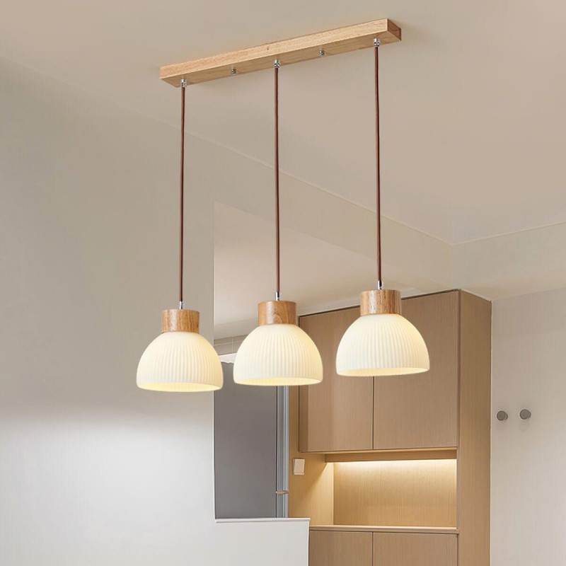 Tyrionth Wood Base 3 Light White Ribbed Glass Shade Pendant Light