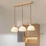 Tyrionth Wood Base 3 Light White Ribbed Glass Shade Pendant Light