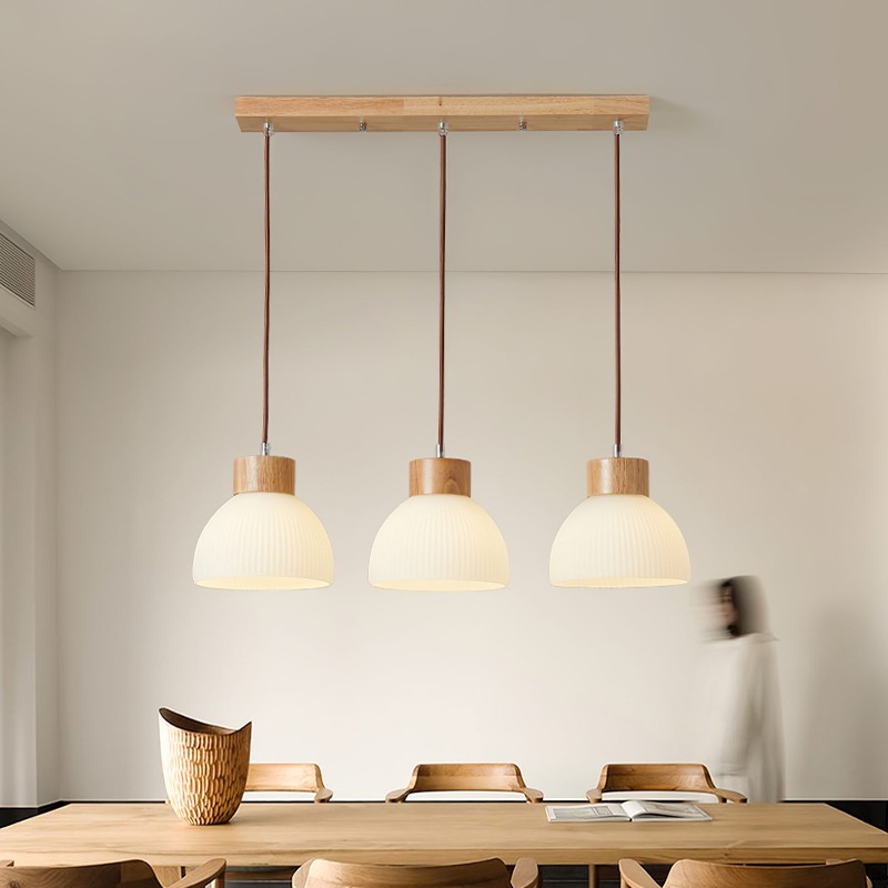 Tyrionth Wood Base 3 Light White Ribbed Glass Shade Pendant Light