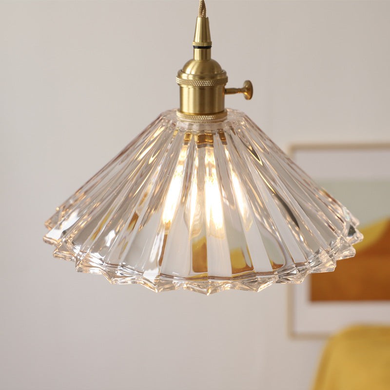 Fyron Retro Clear Brass Glass Pleated Pendant Light