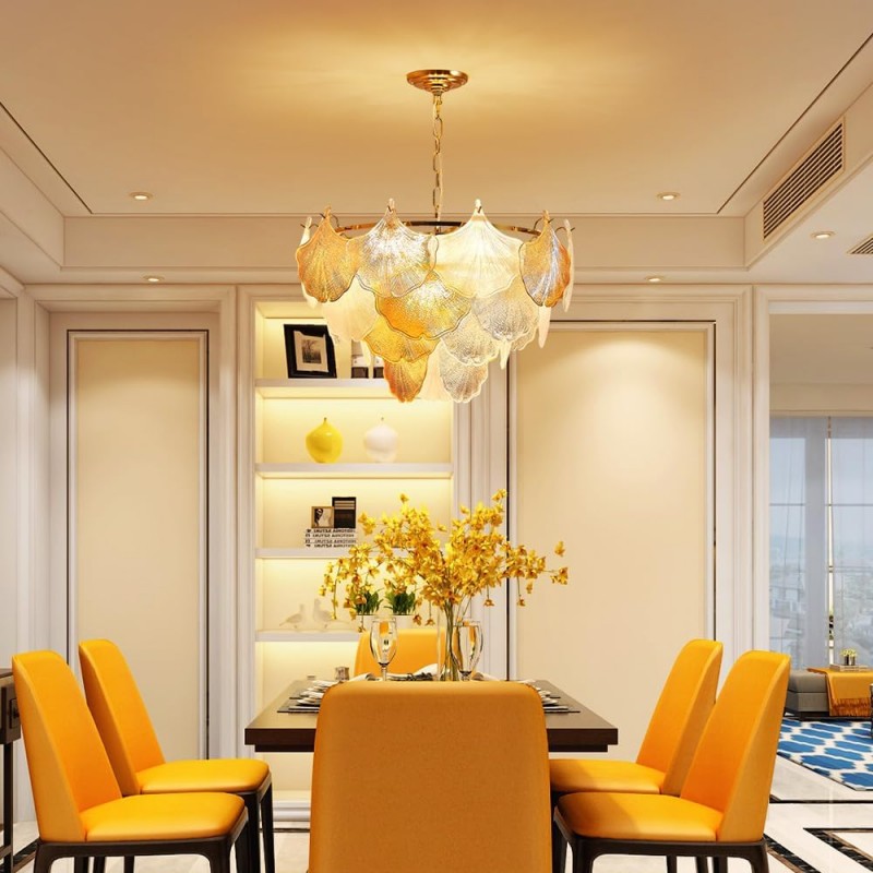 Cyan Champagne Ginkgo Leaf Textured Glass Chandelier