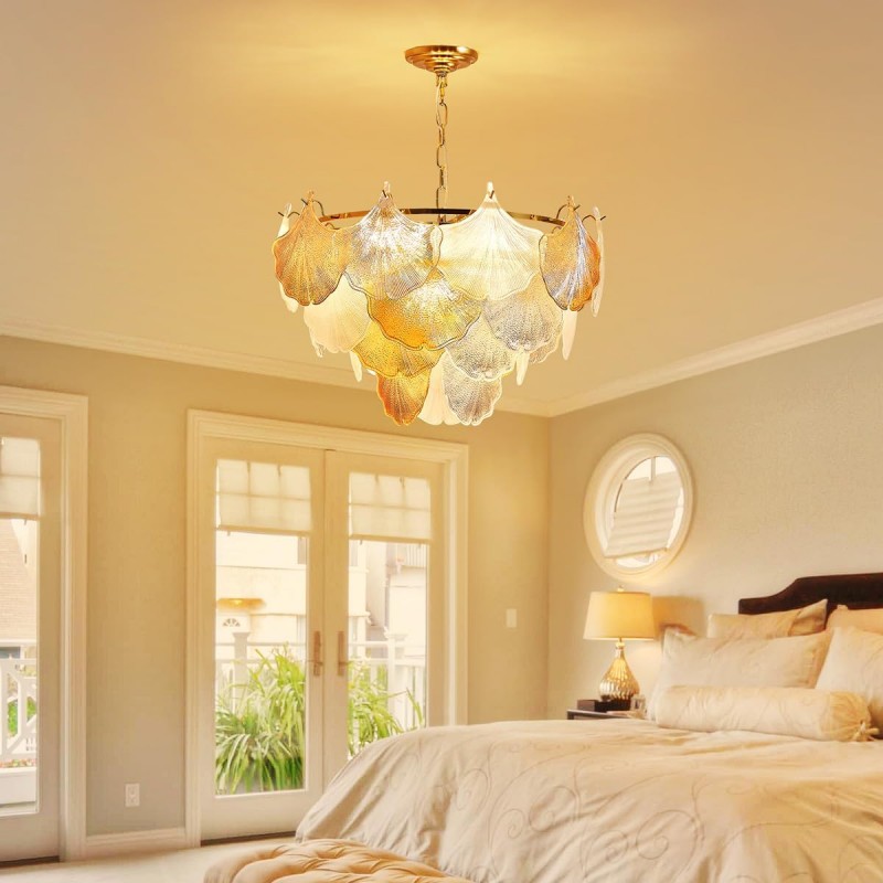 Cyan Champagne Ginkgo Leaf Textured Glass Chandelier