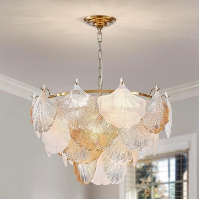 Cyan Champagne Ginkgo Leaf Textured Glass Chandelier