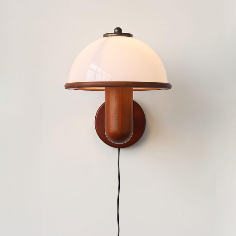 Zera Wood Mushroom White Milk Shade Plug In Sconce