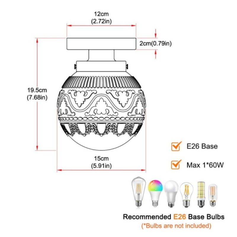 Ixionis Vintage Engraved Pattern Globe Glass Flush Mount Ceiling Light