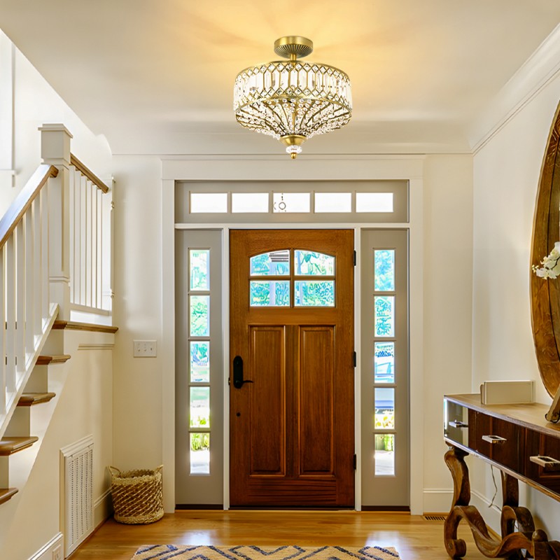 Parnika Luxury Carved Crystal Drum Semi Flush Chandelier