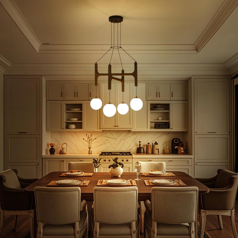 Astraea Farmhouse Wooden Branch Milk Glass Globe Chandelier