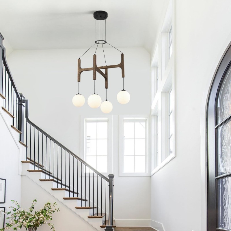 Astraea Farmhouse Wooden Branch Milk Glass Globe Chandelier