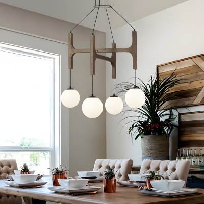 Astraea Farmhouse Wooden Branch Milk Glass Globe Chandelier