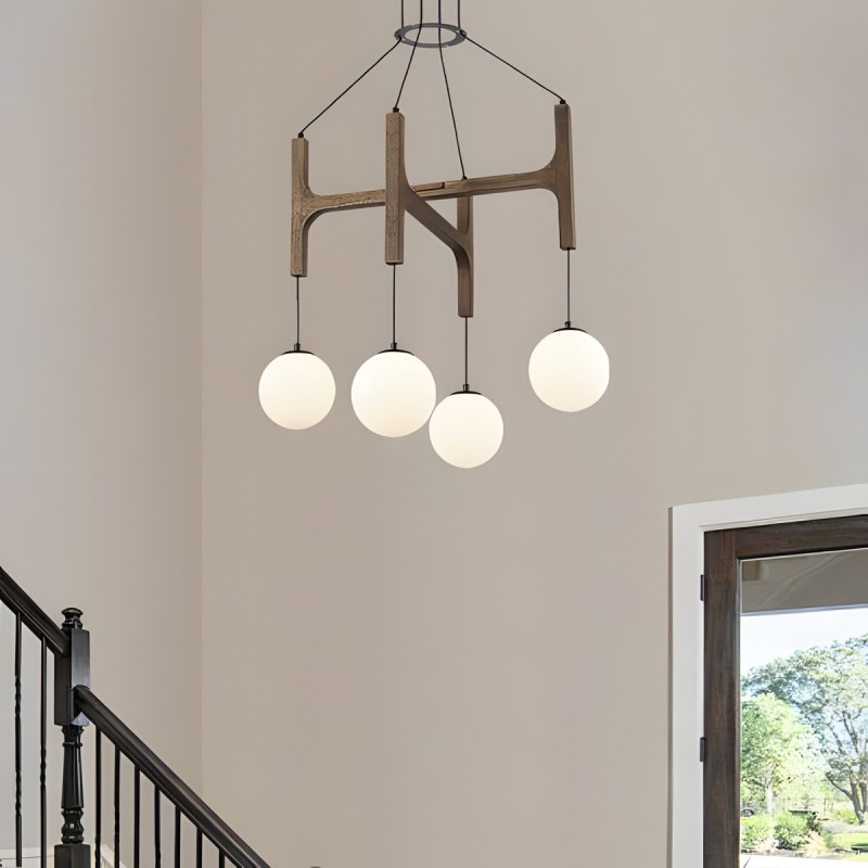 Astraea Farmhouse Wooden Branch Milk Glass Globe Chandelier