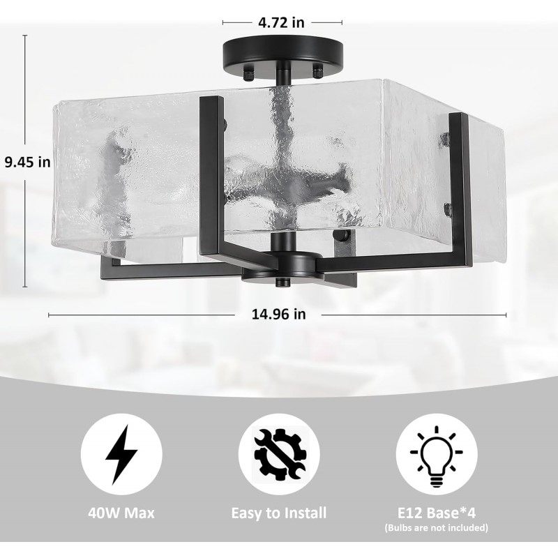 Coriander Black Rectangular Water Rippled Glass Ceiling Light