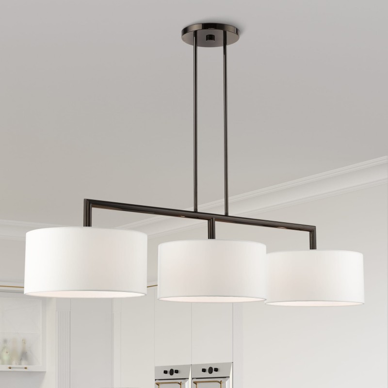 Glythar Black 3 Light White Fibric Drum Shades Linear Chandelier