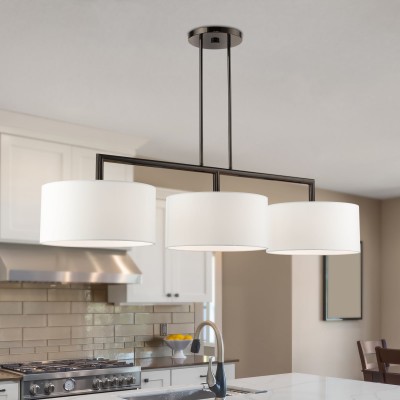 Glythar Black 3 Light White Fibric Drum Shades Linear Chandelier