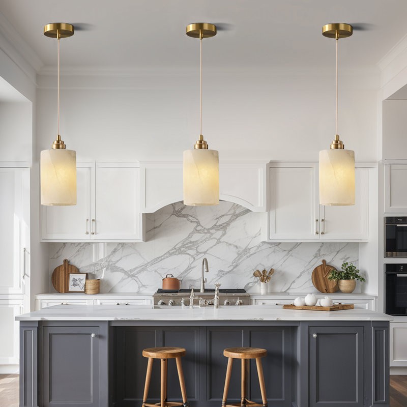 Beverlee Modern Brass Cylinder Alabaster Pendant Light