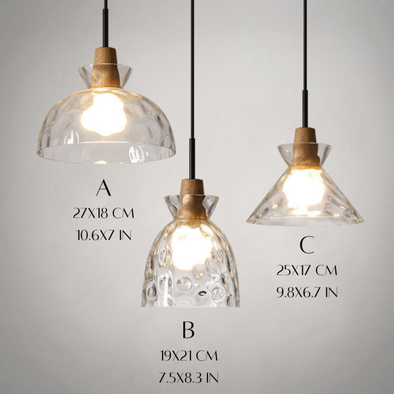 Kethor Mid Century Wood Hammered Glass Dome Pendant Light