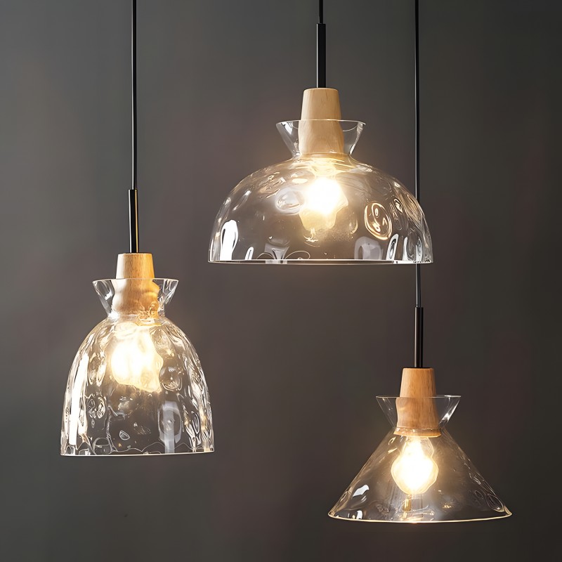 Kethor Mid Century Wood Hammered Glass Dome Pendant Light