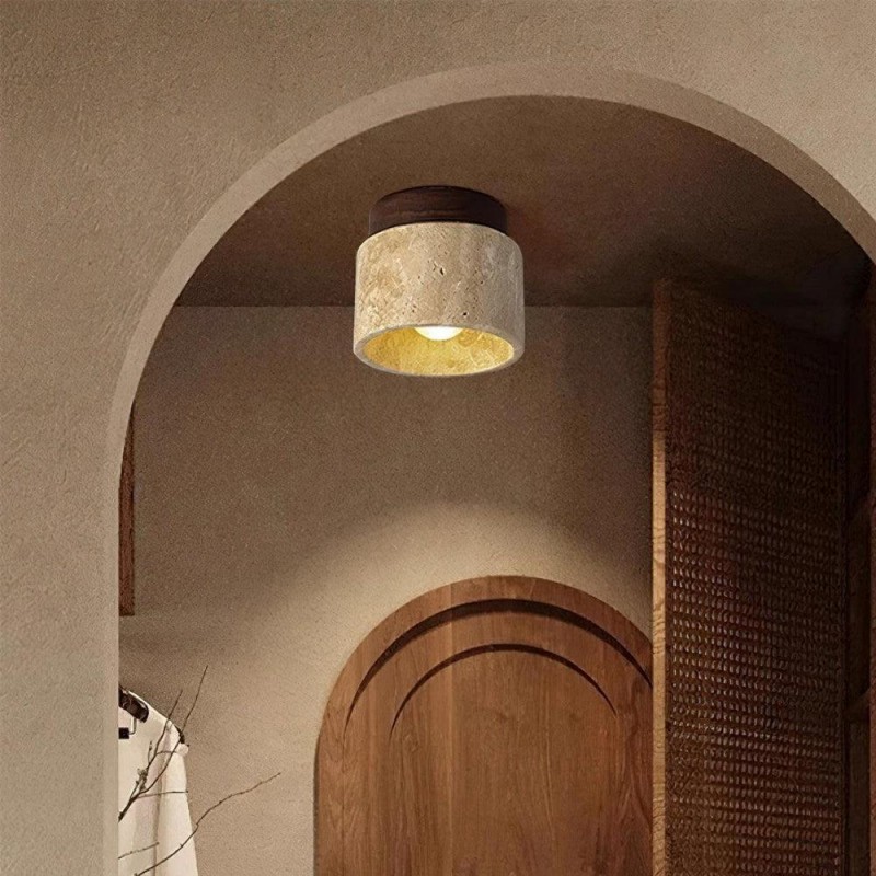 Wiktora Natural Cylindrical Travertine Wooden Ceiling Light