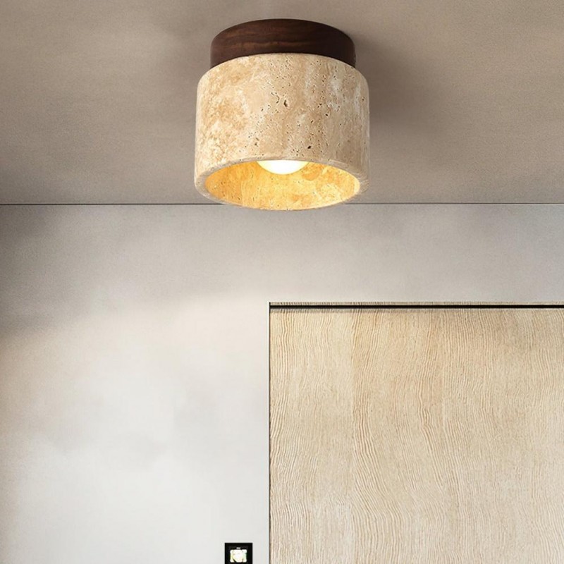 Wiktora Natural Cylindrical Travertine Wooden Ceiling Light
