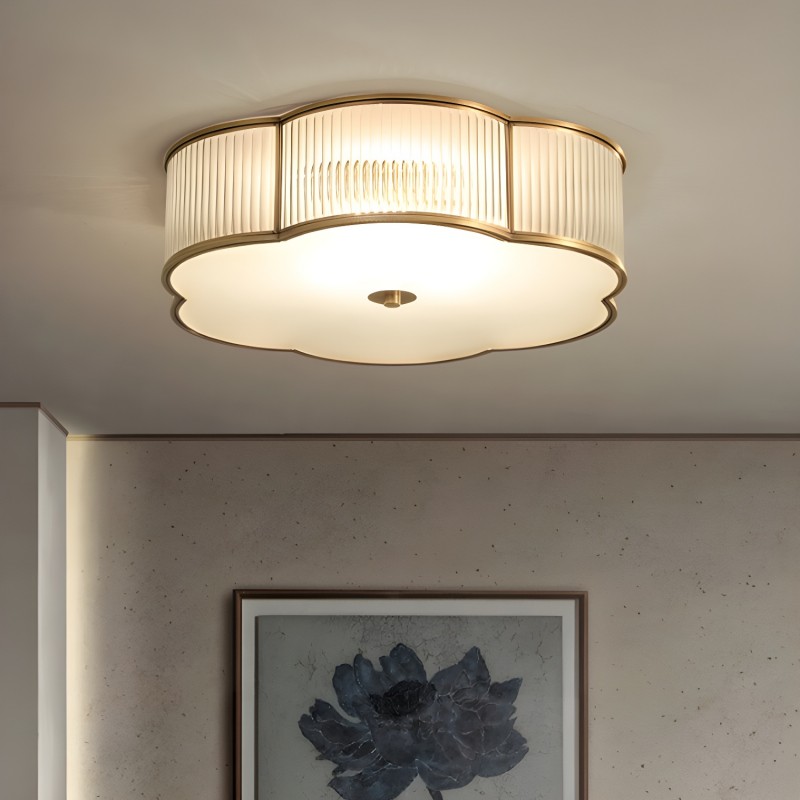 Marcela Traditional Brass Flower Ribbed Glass Ceiling Light