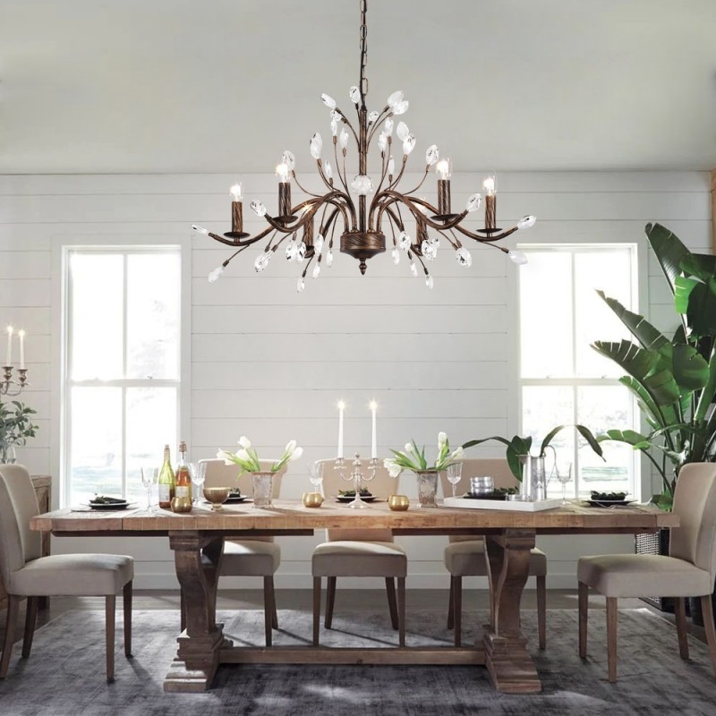 Thadder French Country 9 Light Bronze Crystal Chandelier
