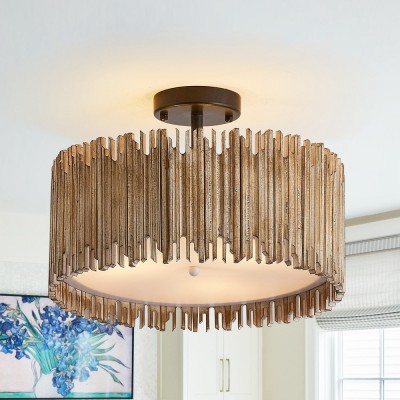 Callio Rustic Distressed White Wood Drum Semi Flush Mount Ceiling Light