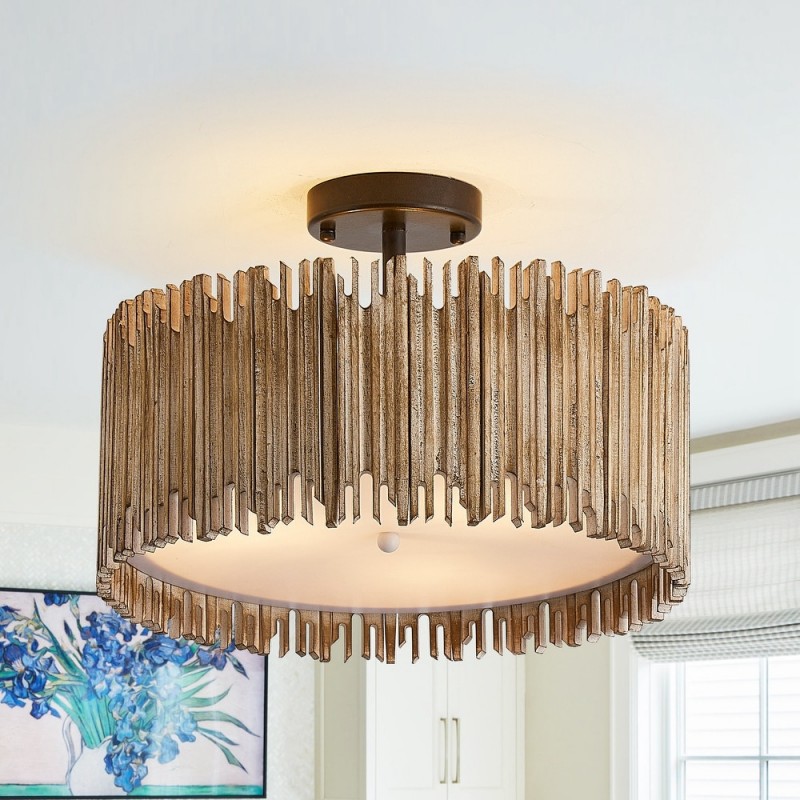 Callio Rustic Distressed White Wood Drum Semi Flush Mount Ceiling Light
