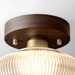 Caspian Retro Led Walnut Base Amber Fluted Glass Ceiling Light