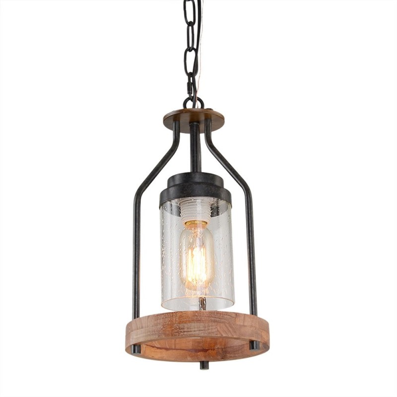 Doran Farmhouse Black Cage Cylinder Glass Pendant Light