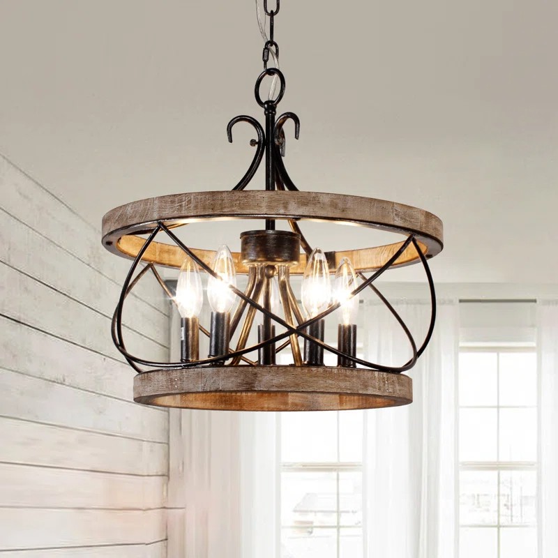 Cael Farmhouse Drum Wood Cage Pendant Light