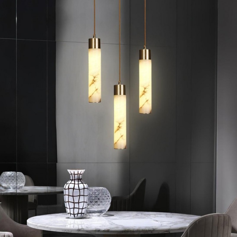 Odalys Luxurious Cylindrical Alabaster Brass Pendant Light